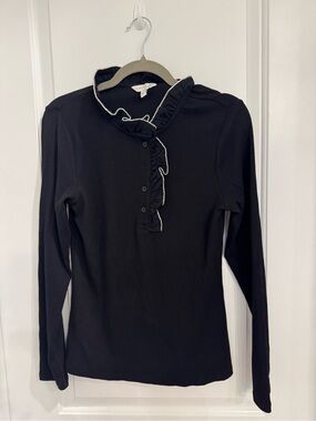 crown & ivy Black Ruffle-Trim Henley Long Sleeve Top